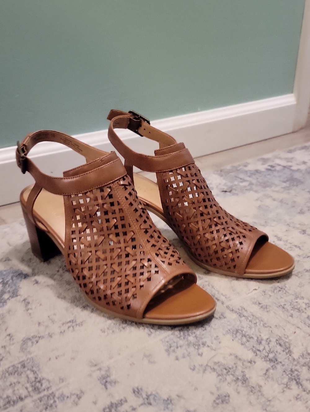 Women's Tan Laser-Cut Block Heel Sandals